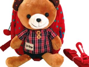可愛い迷子防止赤ちゃんリュックサック クマ リュックぬいぐるみ付きリュック リード付き ハーネス付き／ベビー リード付きリュック 迷子防止ひも (レッド)